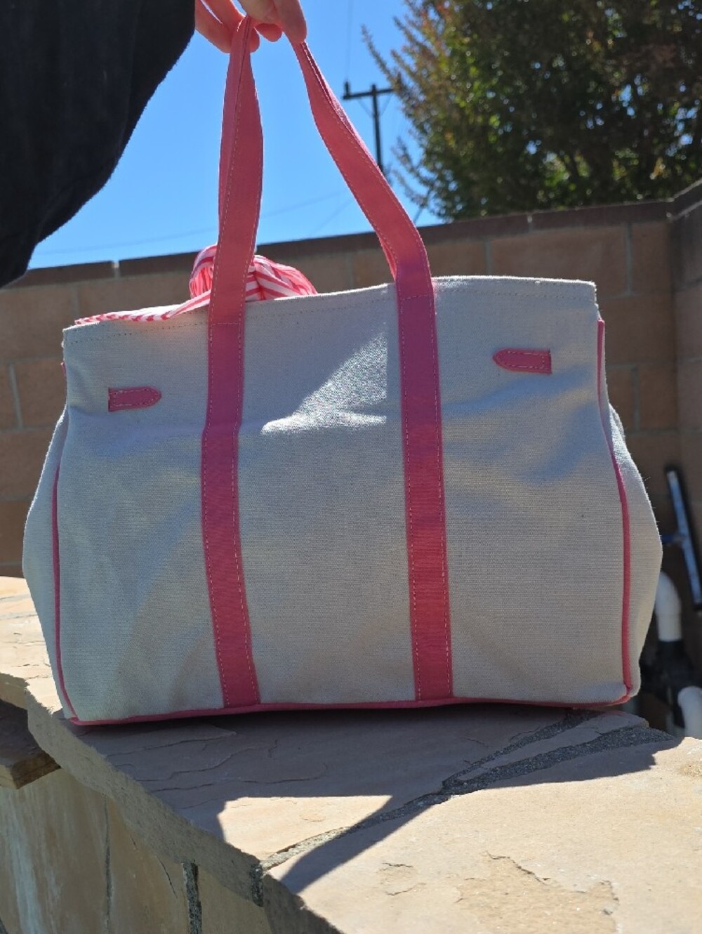 Super Cute Pink-Trim Canvas Tote Bag with Bear Charm - Picture 3 of 6